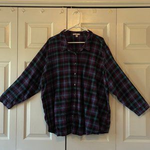 Woman Within 3X (30/32) Flannel Plaid Long Sleeve Shirt Blue/Black/Purple